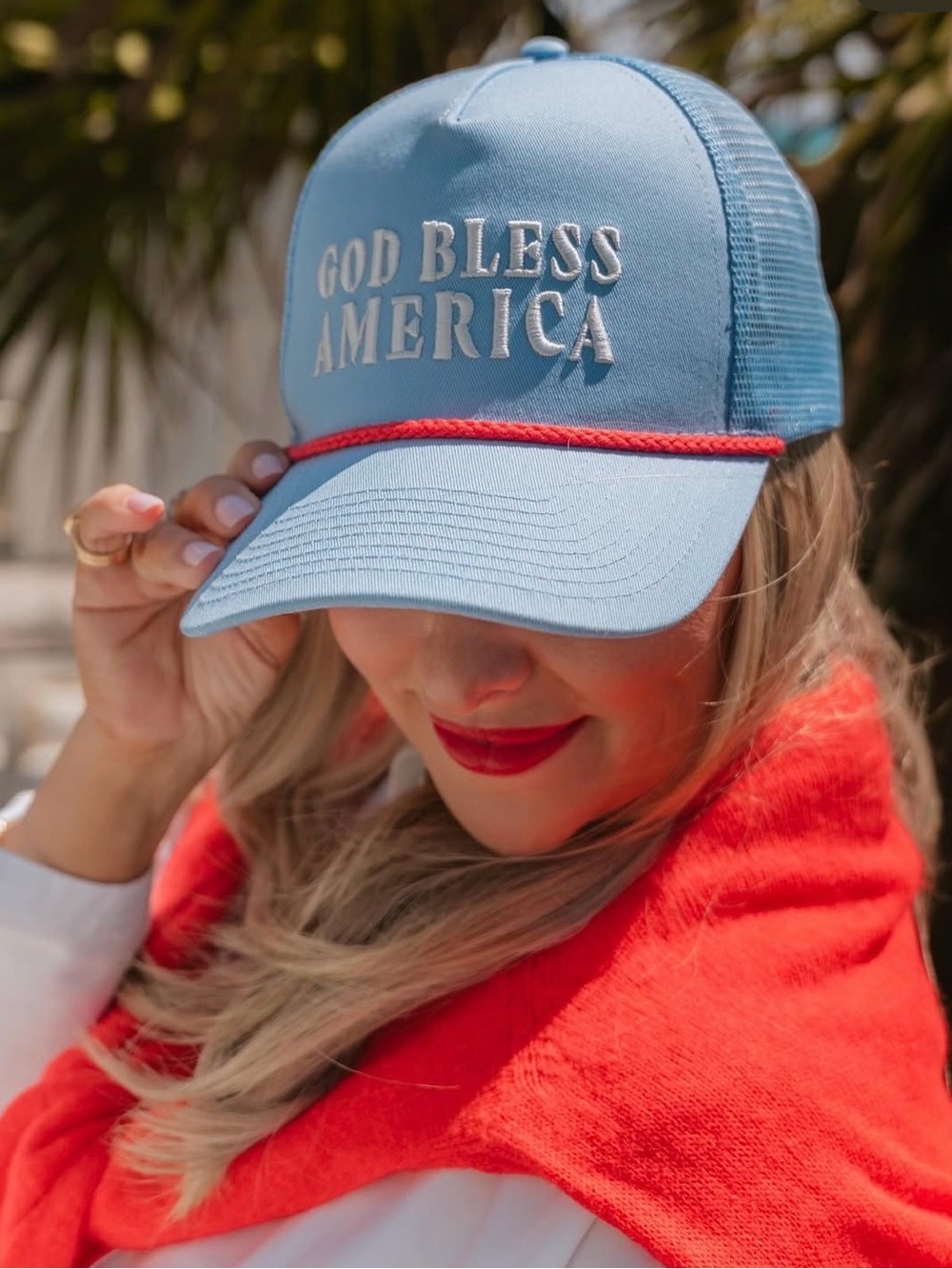 God Bless America Kids Light Blue Trucker Cap with Red Trim